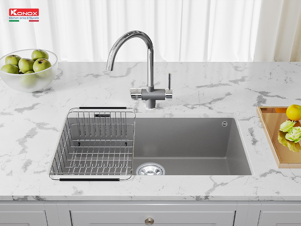 Chậu rửa bát đá Granite 1 hố Naros 760S bản màu xám 